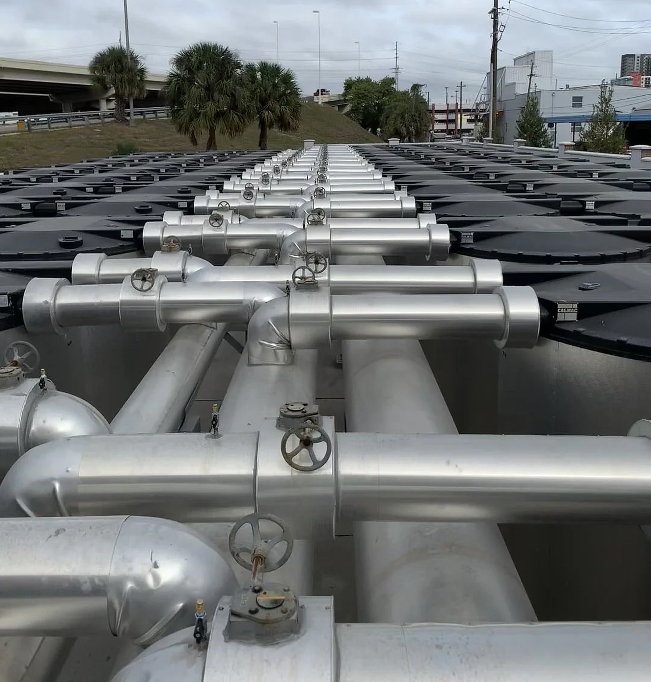 Rows of insulated pipework with isolation valves