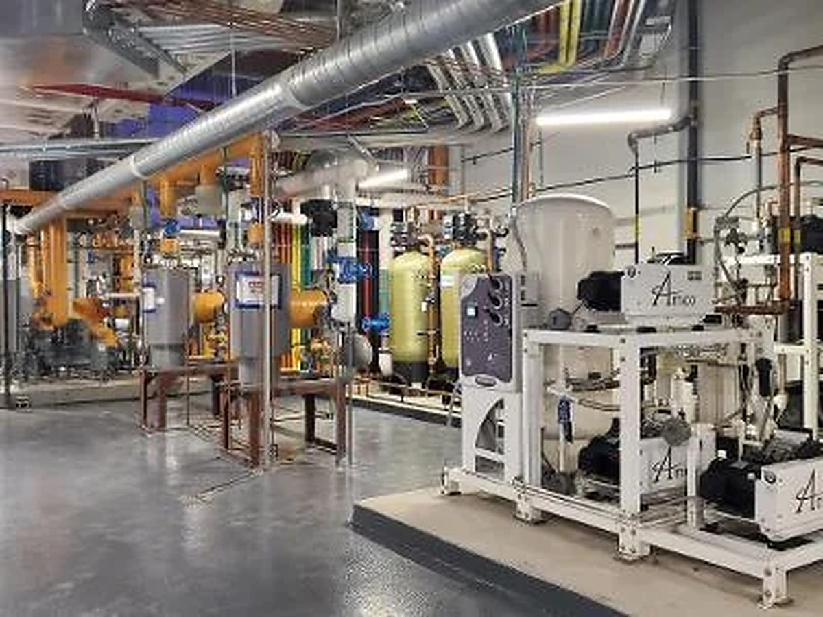 Air handling equipment and overhead ductwork in a mechanical room