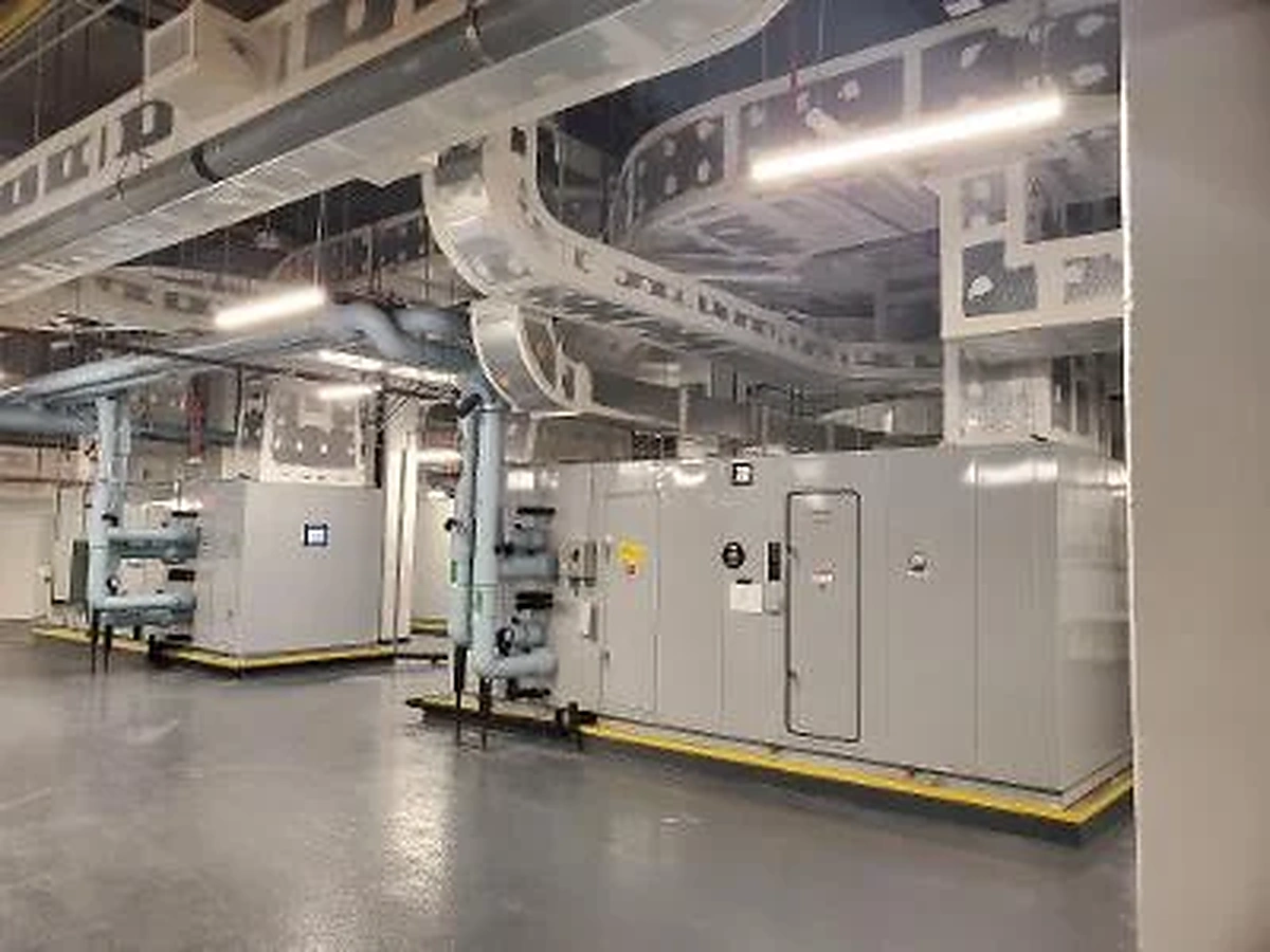 Air handling equipment and overhead ductwork in a mechanical room