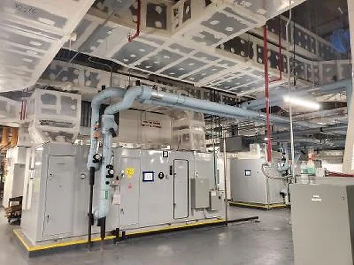 Air handling equipment and overhead ductwork in a mechanical room
